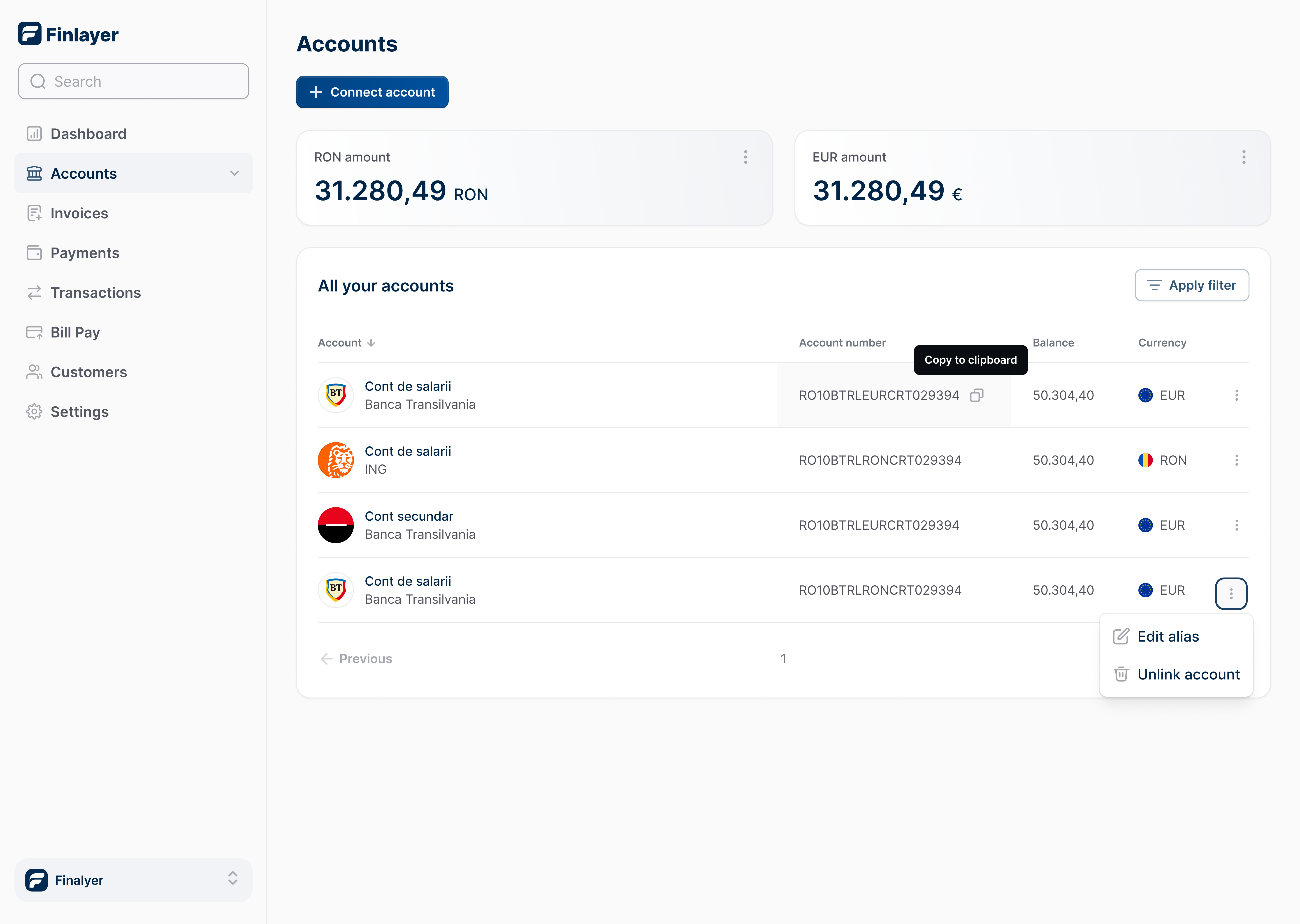 Multi-bank integration feature showing connected bank accounts and unified financial dashboard