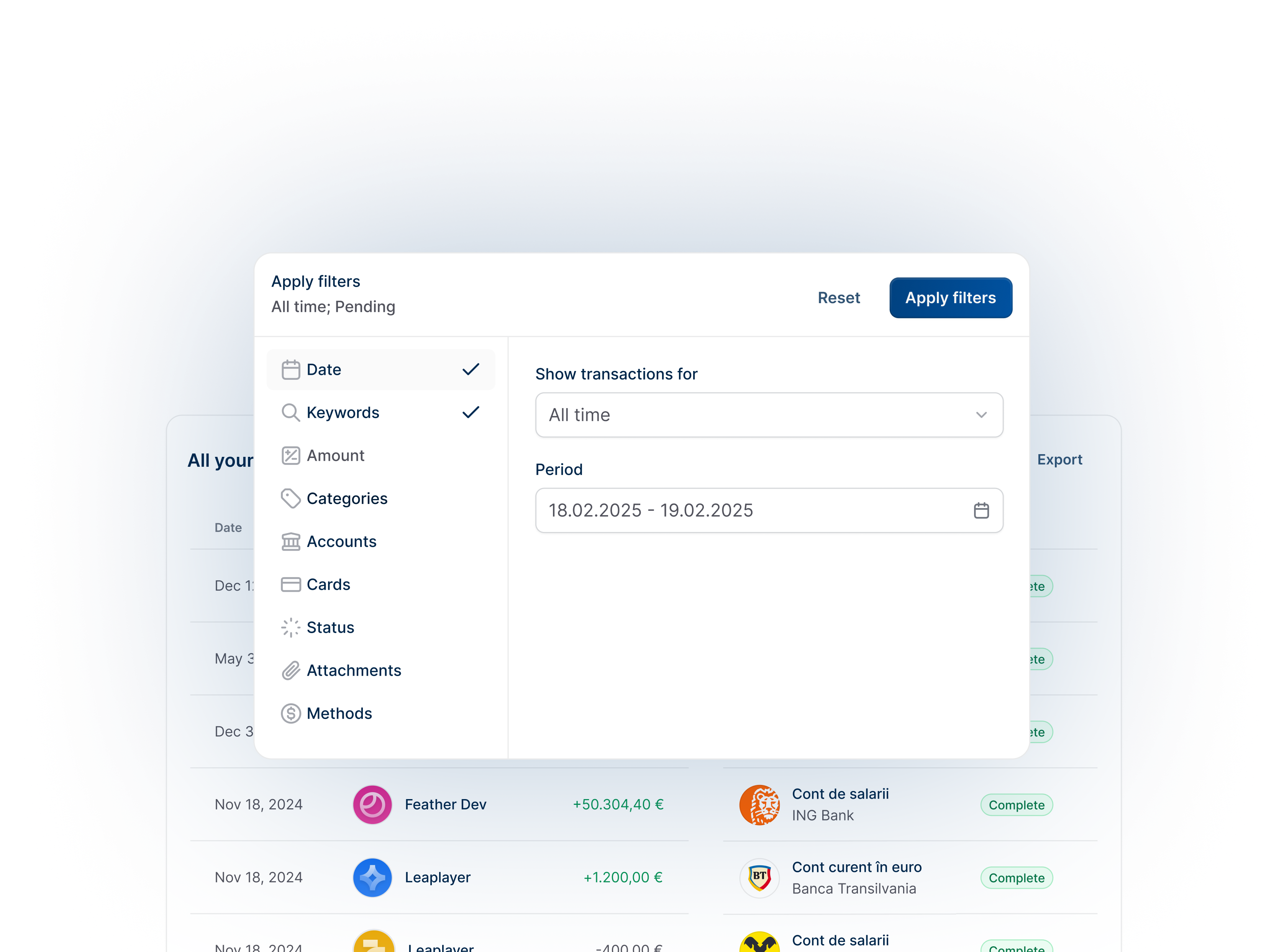 Transaction filters features