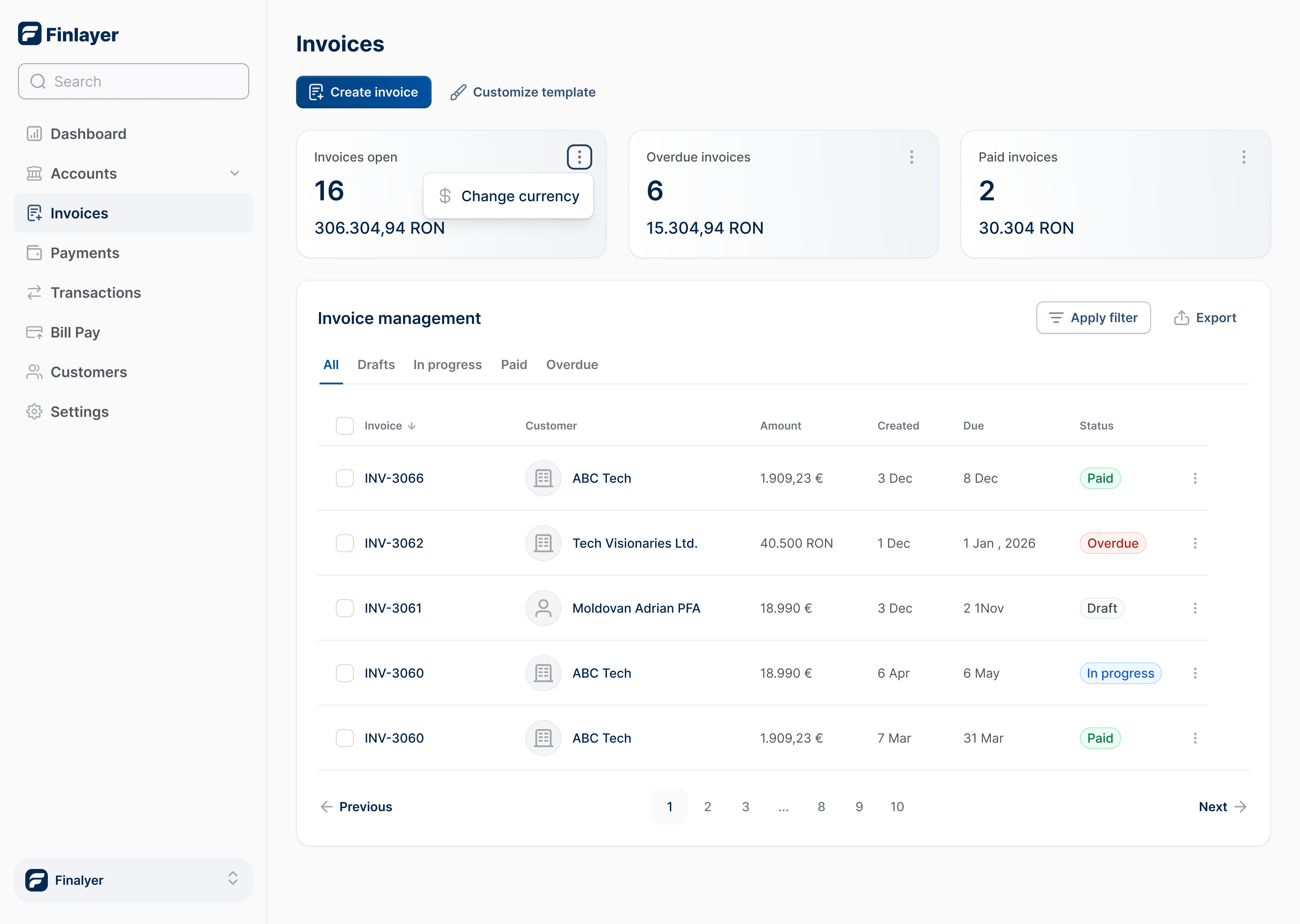 E-Factura integration feature showing automated invoice processing and Romanian tax compliance
